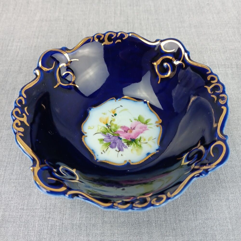Hand Painted Romania Porcelain Cobalt with Flowers Gold Edges Ceroc Cluj-Napoca